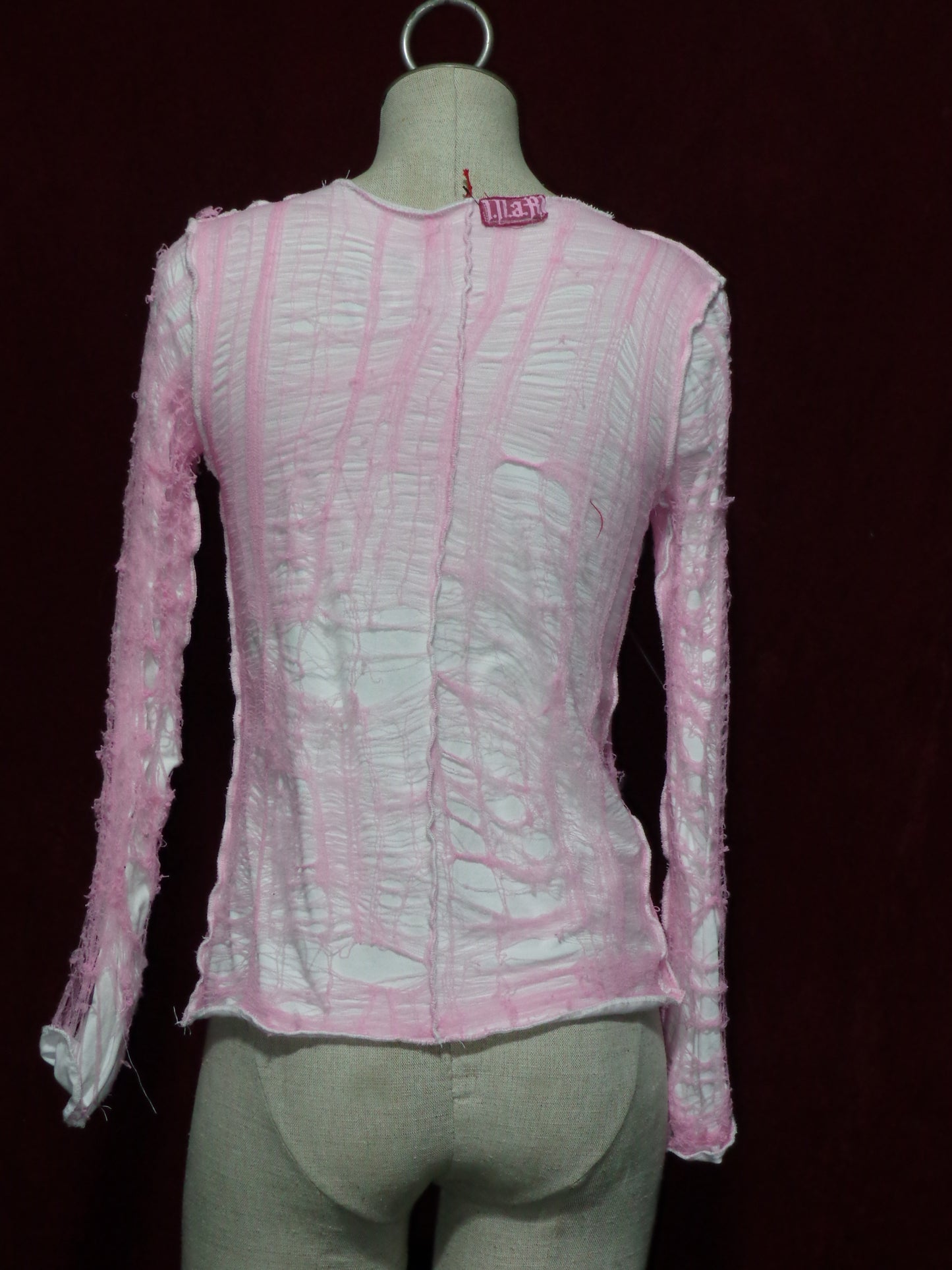 White x Pink distressed Web Cross Dissection top