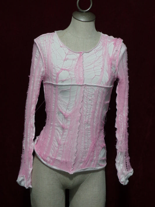 White x Pink distressed Web Cross Dissection top