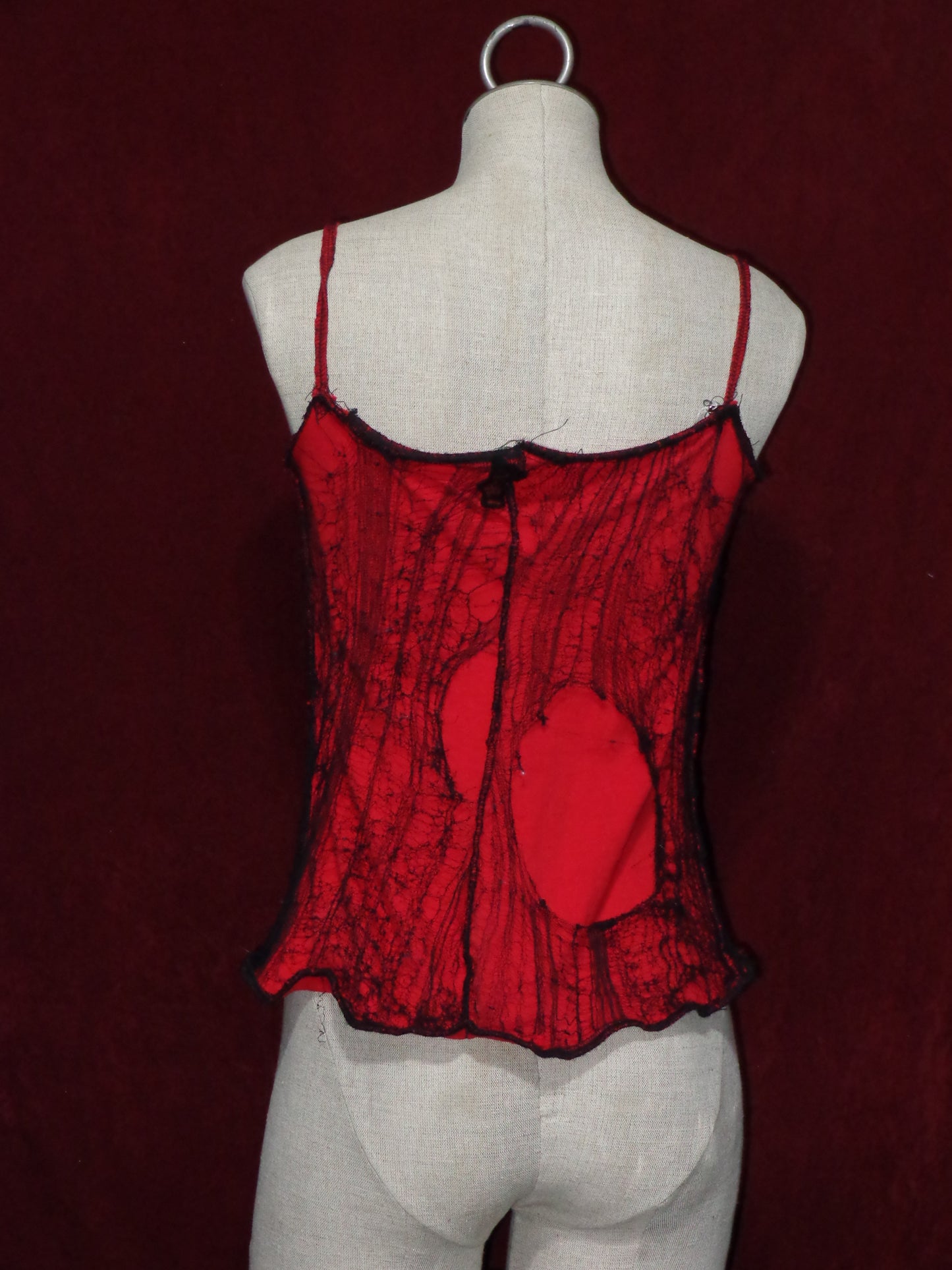 Red x black distressed Web Cross Dissection Camisol